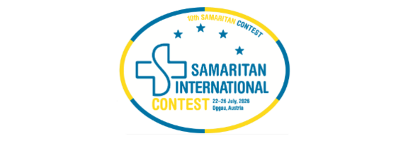 Logo des 10. Internationalen Samariter-Wettbewerbs, der vom 22. bis 26. Juli 2026 in Oggau, Österreich, stattfindet. Das Design enthält ein Pluszeichen und Sterne, um das Thema des Wettbewerbs zu betonen.